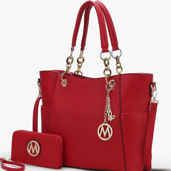 Handbags - ~Michael Kors-Esque Red Tote Bag & Wallet Set w/Gold Tone “M” Hardware~